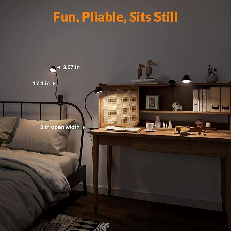 LEPOWER Clip on Light, 7W Reading Lights for Books in Bed with 5 Colors & Stepless Dimming, RG0 Eye-Care, Amber Glow Light & Auto Timer, Strong Clamp with Adapter for Headboard, Bedside, Desk, Black - Image 6