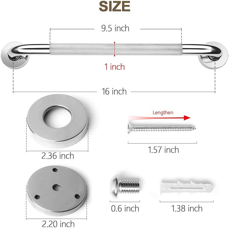2 Pack Grab Bars for Elderly for Wall 16 Inch, Fit for Studs, Knurled Anti-Slip Bathroom Shower Grab Bars for Seniors, Safety Handicap Grab Bars for Shower, Shower Handles for Elderly, Tesuchan - Image 3