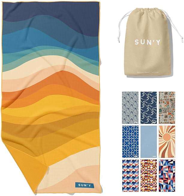 SUN'Y Waffle Microfiber Beach Towel – Sand Free, Quick Dry, Ultra Absorbent, Lightweight & Compact Travel Towel with Carry Bag - Large (63” x 31.5”), Boho - Image 1