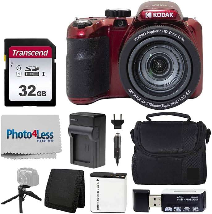 Kodak PIXPRO AZ425 Digital Camera + 32GB Memory Card + Camera Case (Black) + Battery + Charger + USB Card Reader + Table Tripod + Accessories (Red) - Image 1