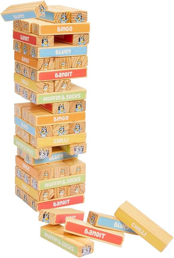 Bluey 8th Wonder Stackable Tumbling Tower Game, Robust Wooden Stacking Game with 54 Illustrated Colored Blocks, Fun Balancing Toy for Kids Ages 3+ - Image 1
