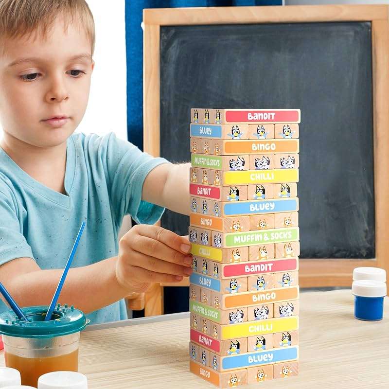 Bluey 8th Wonder Stackable Tumbling Tower Game, Robust Wooden Stacking Game with 54 Illustrated Colored Blocks, Fun Balancing Toy for Kids Ages 3+ - Image 2