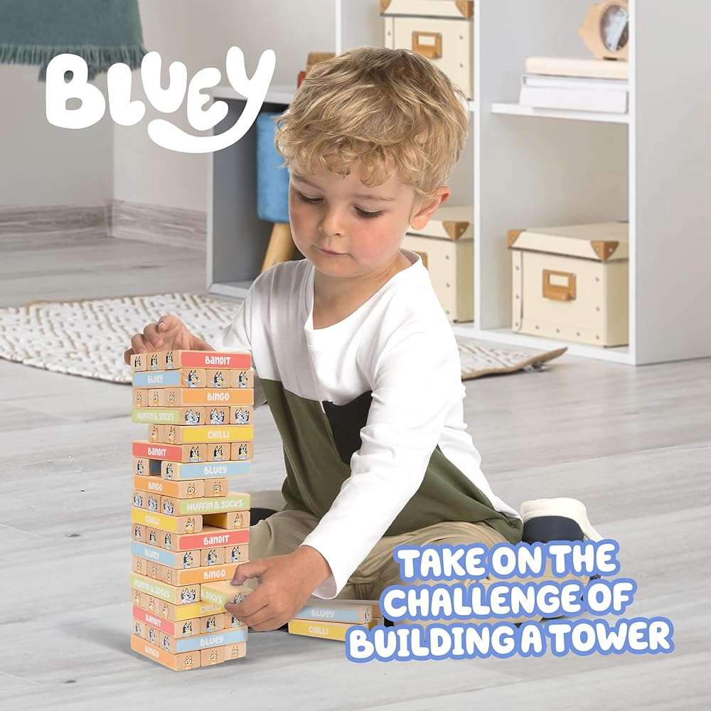 Bluey 8th Wonder Stackable Tumbling Tower Game, Robust Wooden Stacking Game with 54 Illustrated Colored Blocks, Fun Balancing Toy for Kids Ages 3+ - Image 3