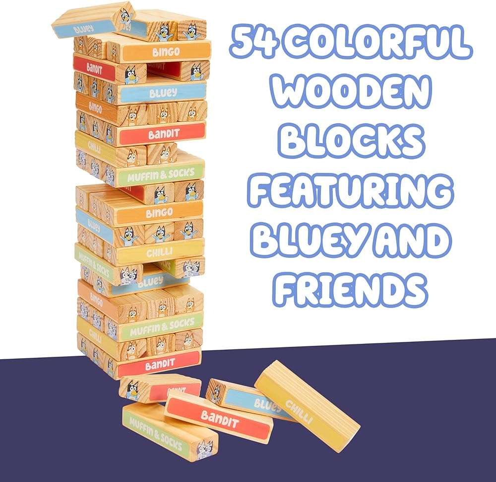 Bluey 8th Wonder Stackable Tumbling Tower Game, Robust Wooden Stacking Game with 54 Illustrated Colored Blocks, Fun Balancing Toy for Kids Ages 3+ - Image 4