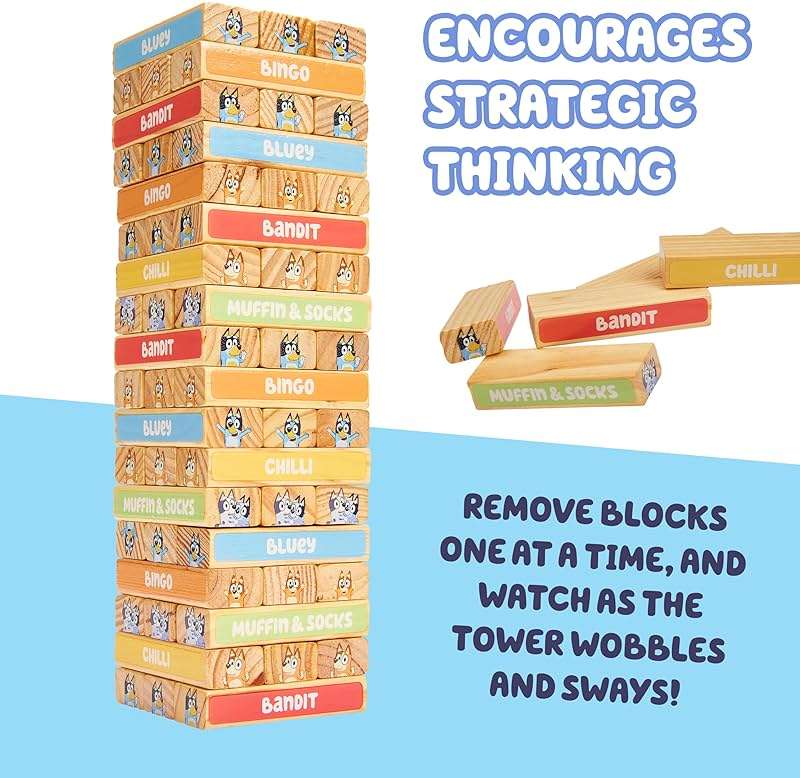 Bluey 8th Wonder Stackable Tumbling Tower Game, Robust Wooden Stacking Game with 54 Illustrated Colored Blocks, Fun Balancing Toy for Kids Ages 3+ - Image 6