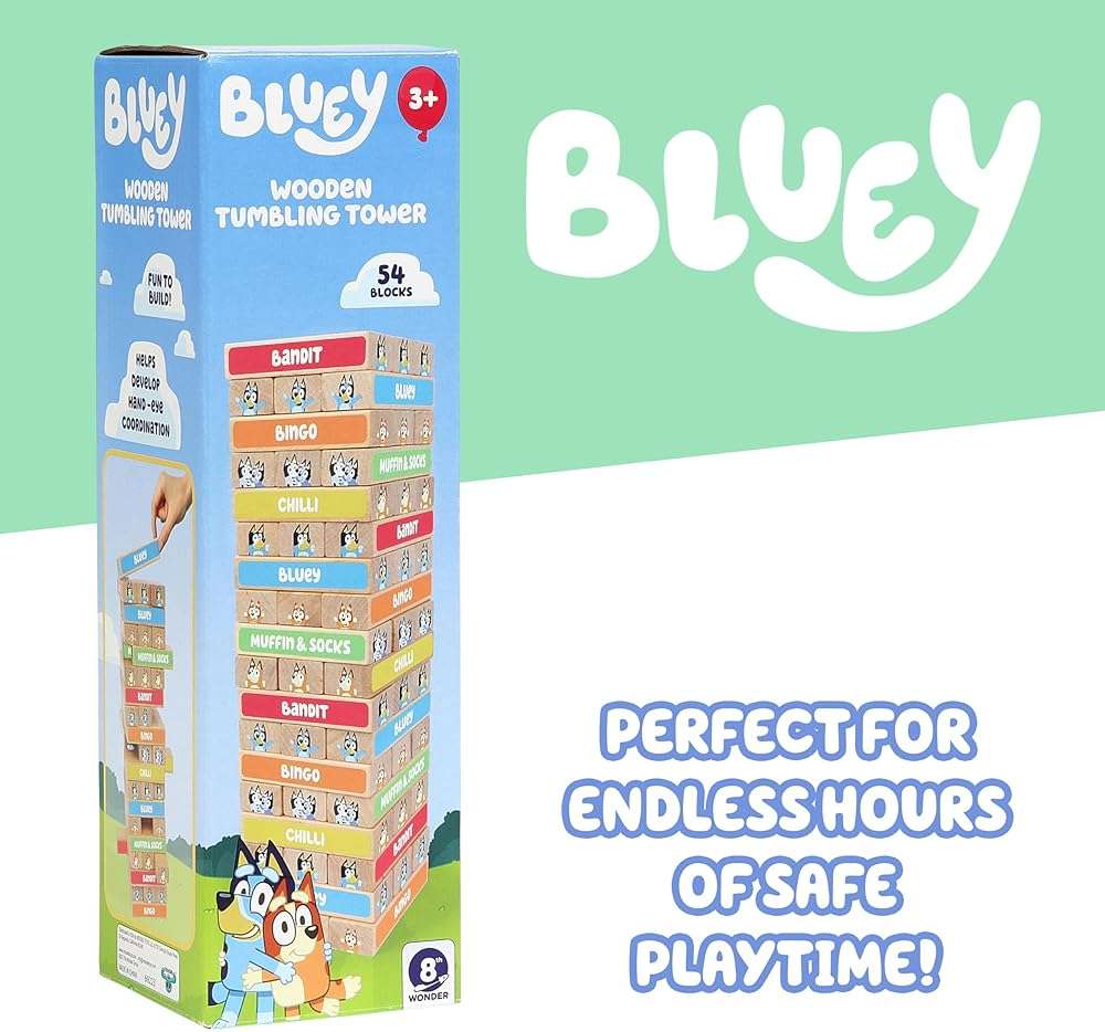 Bluey 8th Wonder Stackable Tumbling Tower Game, Robust Wooden Stacking Game with 54 Illustrated Colored Blocks, Fun Balancing Toy for Kids Ages 3+ - Image 7