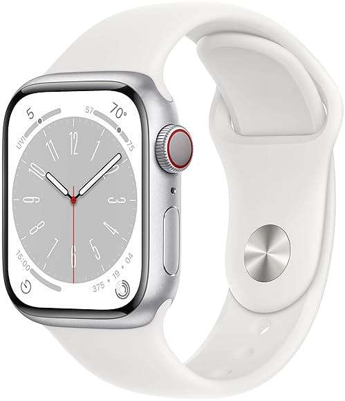 Apple Watch Series 8 [GPS + Cellular, 41mm] - Silver Aluminum Case with White Sport Band, S/M (Renewed) - Image 1