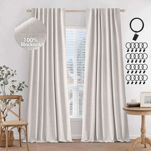 MIULEE 100% Blackout Curtains 90 inches Long Linen Curtains & Drapes for Bedroom Back Tab Living Room Darkening Full Black Out Window Curtain Panels Rod Pocket, Beige, 2 Panels Set - Image 1