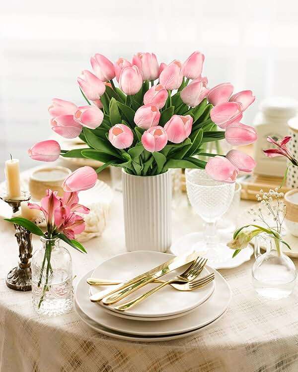 MACTING 30 PCS Artificial Tulip Flowers 13.7" Real Touch Fake PU Tulips Bouquet Faux Flowers for Floral Arrangements Table Centerpieces Kitchen Indoor Home Mothers Day Decorations,Peach Pink - Image 2