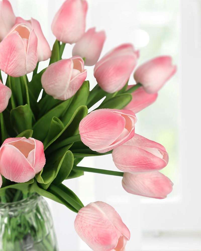 MACTING 30 PCS Artificial Tulip Flowers 13.7" Real Touch Fake PU Tulips Bouquet Faux Flowers for Floral Arrangements Table Centerpieces Kitchen Indoor Home Mothers Day Decorations,Peach Pink - Image 4