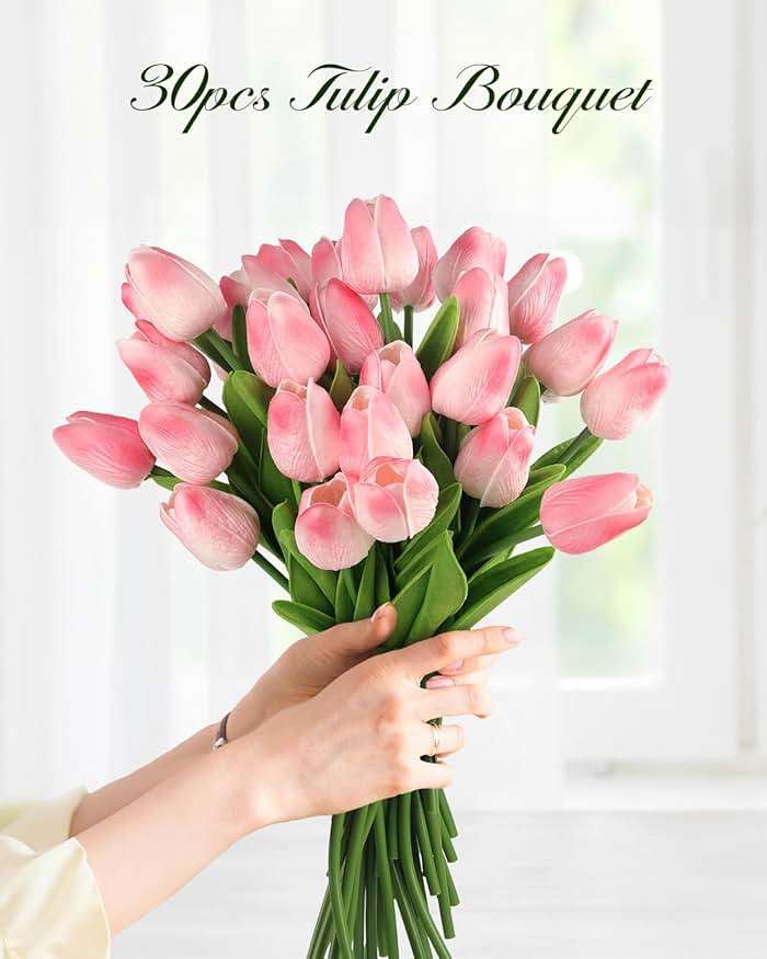 MACTING 30 PCS Artificial Tulip Flowers 13.7" Real Touch Fake PU Tulips Bouquet Faux Flowers for Floral Arrangements Table Centerpieces Kitchen Indoor Home Mothers Day Decorations,Peach Pink - Image 5