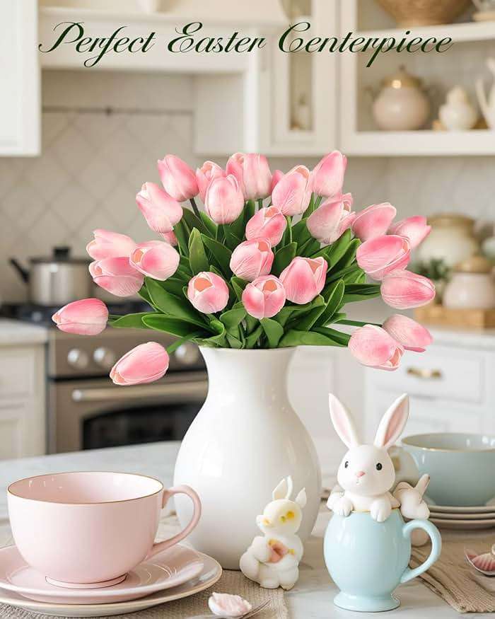 MACTING 30 PCS Artificial Tulip Flowers 13.7" Real Touch Fake PU Tulips Bouquet Faux Flowers for Floral Arrangements Table Centerpieces Kitchen Indoor Home Mothers Day Decorations,Peach Pink - Image 6