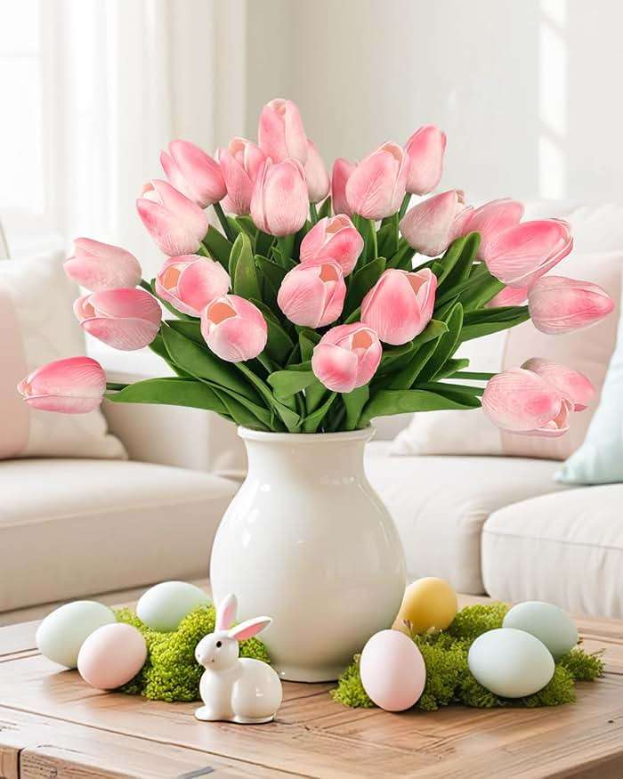 MACTING 30 PCS Artificial Tulip Flowers 13.7" Real Touch Fake PU Tulips Bouquet Faux Flowers for Floral Arrangements Table Centerpieces Kitchen Indoor Home Mothers Day Decorations,Peach Pink - Image 7