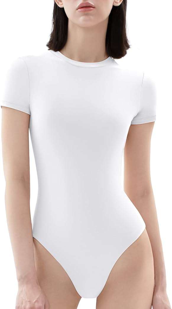 PUMIEY Women's Crew Neck Short Sleeve Thong Bodysuit Fashion T-shirt Tops Smoke Cloud Pro Collection - Image 1