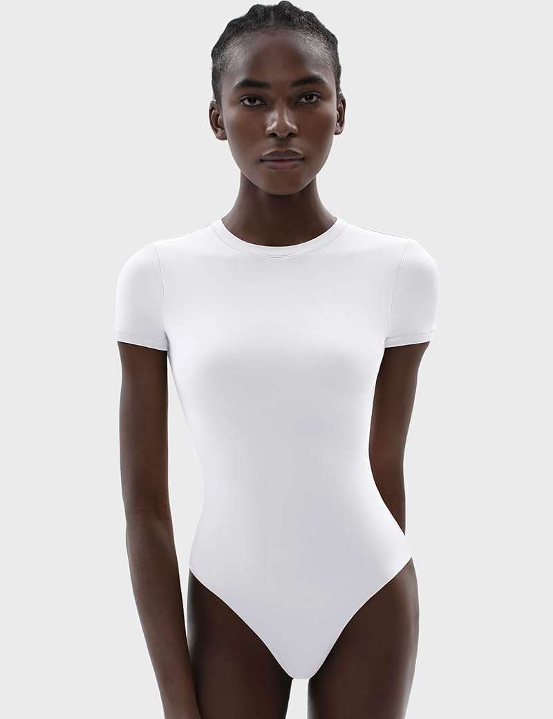 PUMIEY Women's Crew Neck Short Sleeve Thong Bodysuit Fashion T-shirt Tops Smoke Cloud Pro Collection - Image 4
