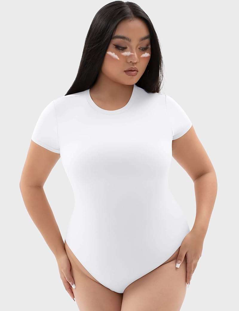 PUMIEY Women's Crew Neck Short Sleeve Thong Bodysuit Fashion T-shirt Tops Smoke Cloud Pro Collection - Image 5