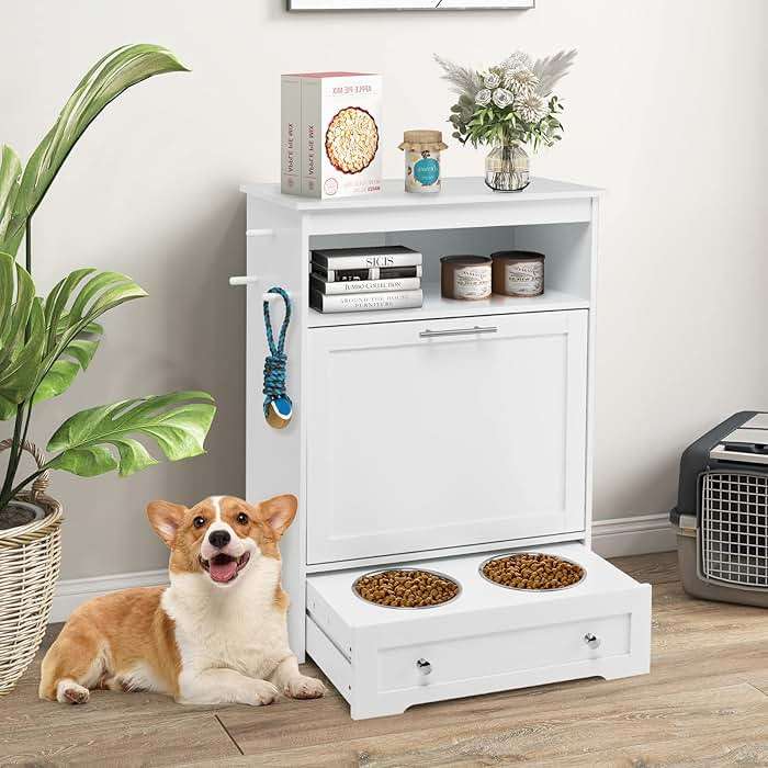 HAPPAWS Dog Feeding Station Dogs Food Storage Cabinet Pet Feeder Container with 2 Thick 50oz Stainless Steel Raised Dog Food and Water Bowls, Pet Supply Organizer with Pet Toy Hangers, White - Image 2