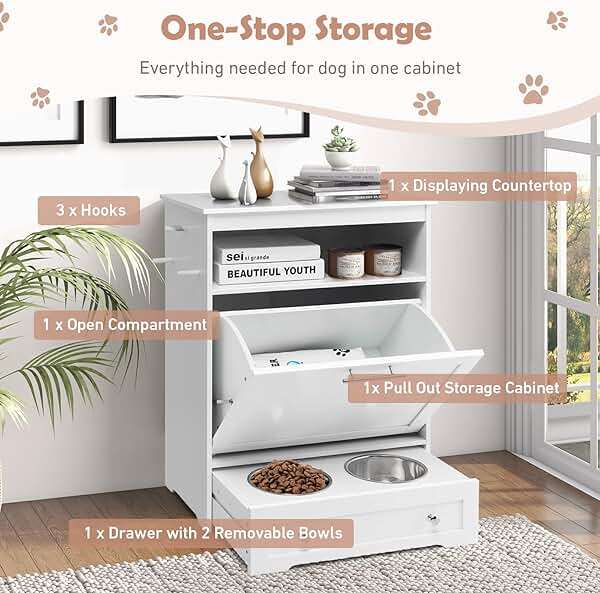 HAPPAWS Dog Feeding Station Dogs Food Storage Cabinet Pet Feeder Container with 2 Thick 50oz Stainless Steel Raised Dog Food and Water Bowls, Pet Supply Organizer with Pet Toy Hangers, White - Image 3