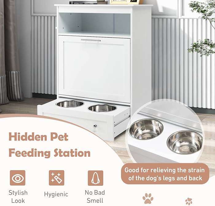 HAPPAWS Dog Feeding Station Dogs Food Storage Cabinet Pet Feeder Container with 2 Thick 50oz Stainless Steel Raised Dog Food and Water Bowls, Pet Supply Organizer with Pet Toy Hangers, White - Image 4
