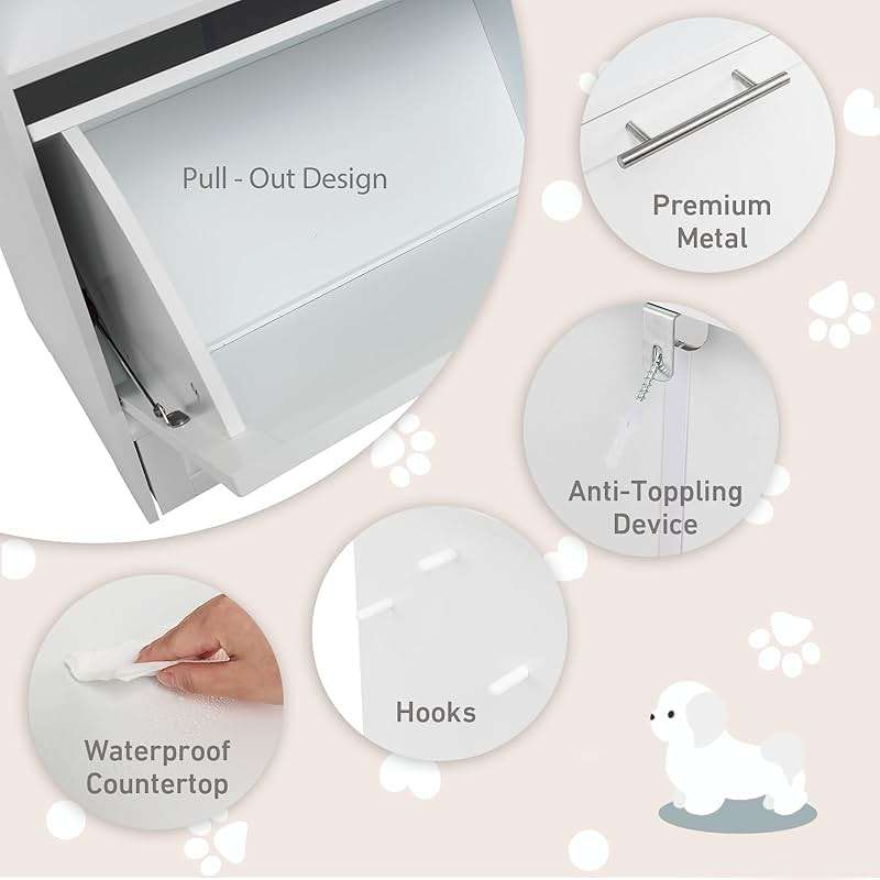 HAPPAWS Dog Feeding Station Dogs Food Storage Cabinet Pet Feeder Container with 2 Thick 50oz Stainless Steel Raised Dog Food and Water Bowls, Pet Supply Organizer with Pet Toy Hangers, White - Image 6