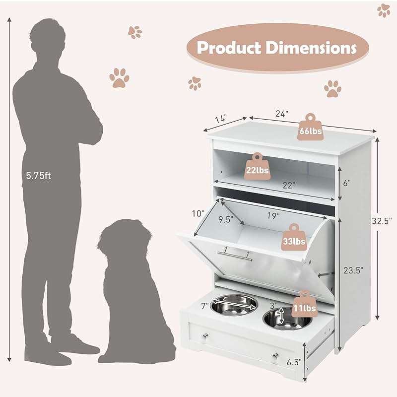 HAPPAWS Dog Feeding Station Dogs Food Storage Cabinet Pet Feeder Container with 2 Thick 50oz Stainless Steel Raised Dog Food and Water Bowls, Pet Supply Organizer with Pet Toy Hangers, White - Image 7