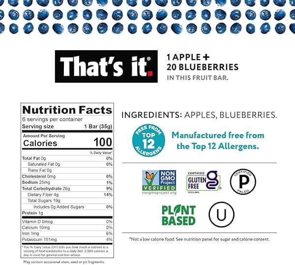 That's it 12 Variety Pack Fruit Bars (6 Strawberry, 6 Blueberry) No Sugar, 100% Natural Real Fruit Bar, High Fiber Vegan, Gluten Free, Paleo, Non-GMO - Image 2