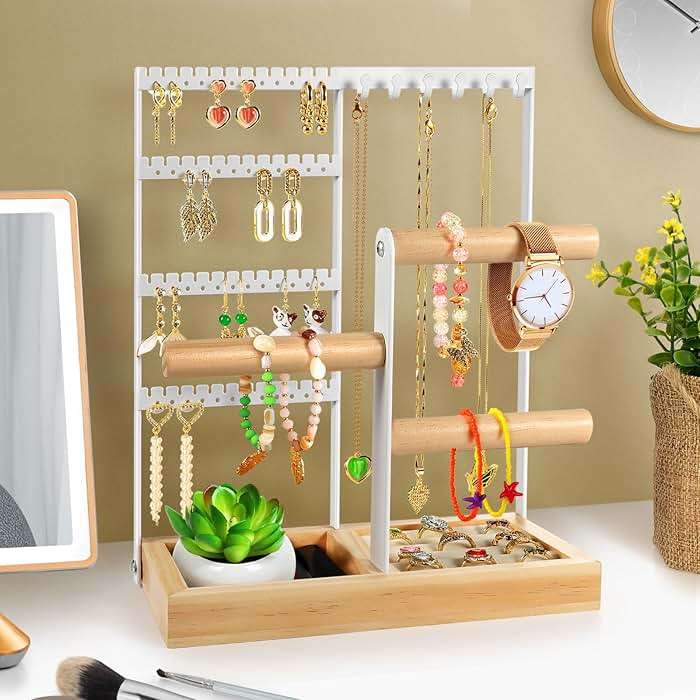 Godboat Jewelry Organizer, 4-Tier Earring Holder Organizer with 48 Holes, 6 Hooks Necklace Rack, Bracelet and Ring Stand with Wood Box, Gifts for Mothers Mom Women, Preppy Stuff & Room Decor, (White) - Image 4