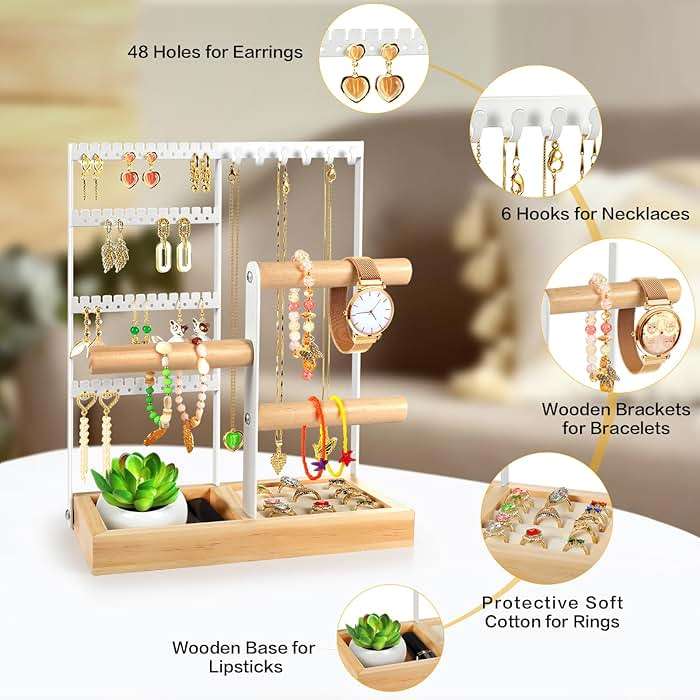 Godboat Jewelry Organizer, 4-Tier Earring Holder Organizer with 48 Holes, 6 Hooks Necklace Rack, Bracelet and Ring Stand with Wood Box, Gifts for Mothers Mom Women, Preppy Stuff & Room Decor, (White) - Image 6