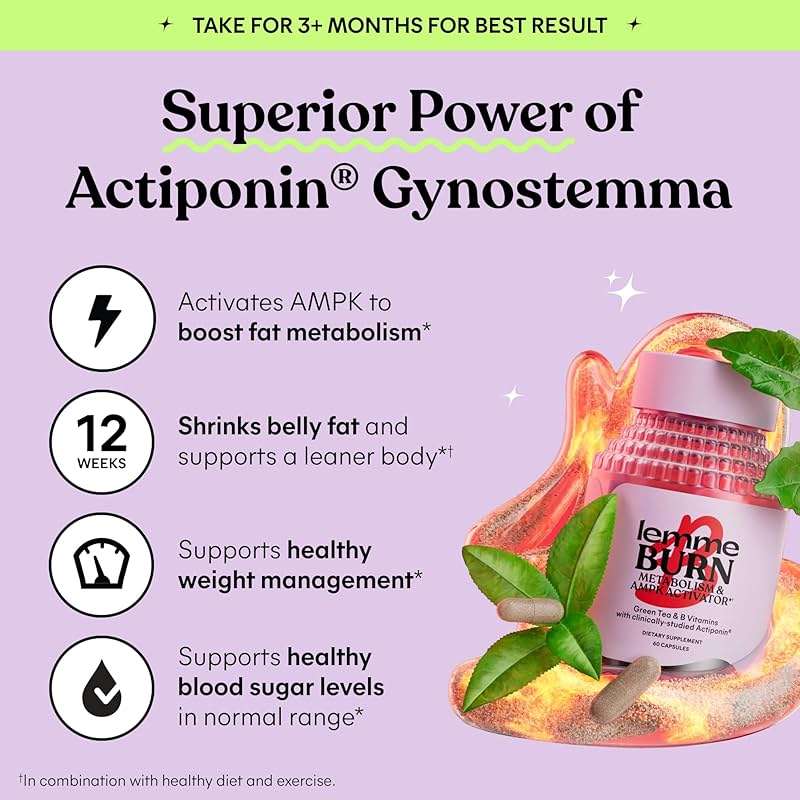 Lemme Burn - Metabolism, Belly Fat Burning + AMPK Activating Supplement for Men & Women w/Clinically Studied Actiponin Gynostemma, Green Tea Extract, Vitamins B6 & B12 - Gluten Free, 60 Count - Image 4