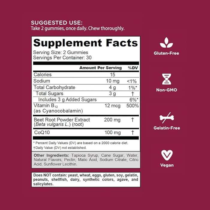 Goli Beets Cardio Gummies with CoQ10 and Vitamin B12 - Beetroot Extract - Cardiovascular Wellness - Vegan, Non-GMO, Gluten-Free - Image 3