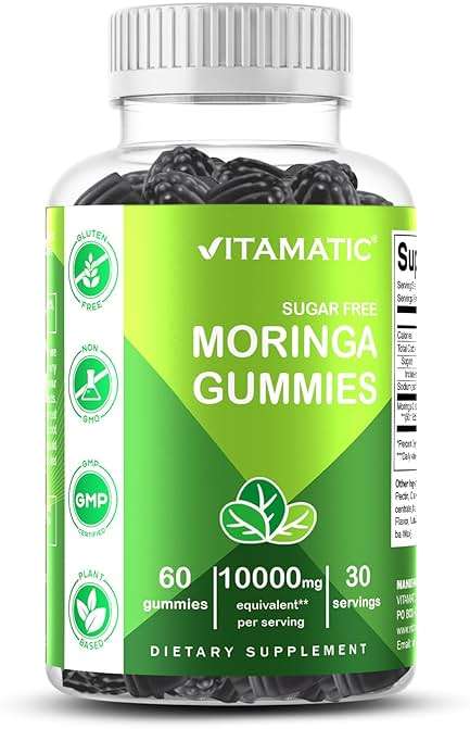 Vitamatic Moringa Gummies – Sugar-Free Botanical Extract – Green Superfood Supplement – Vegan, Pectin-Based, Non-GMO – Plant-Based Gummies – 60 Count - Image 1