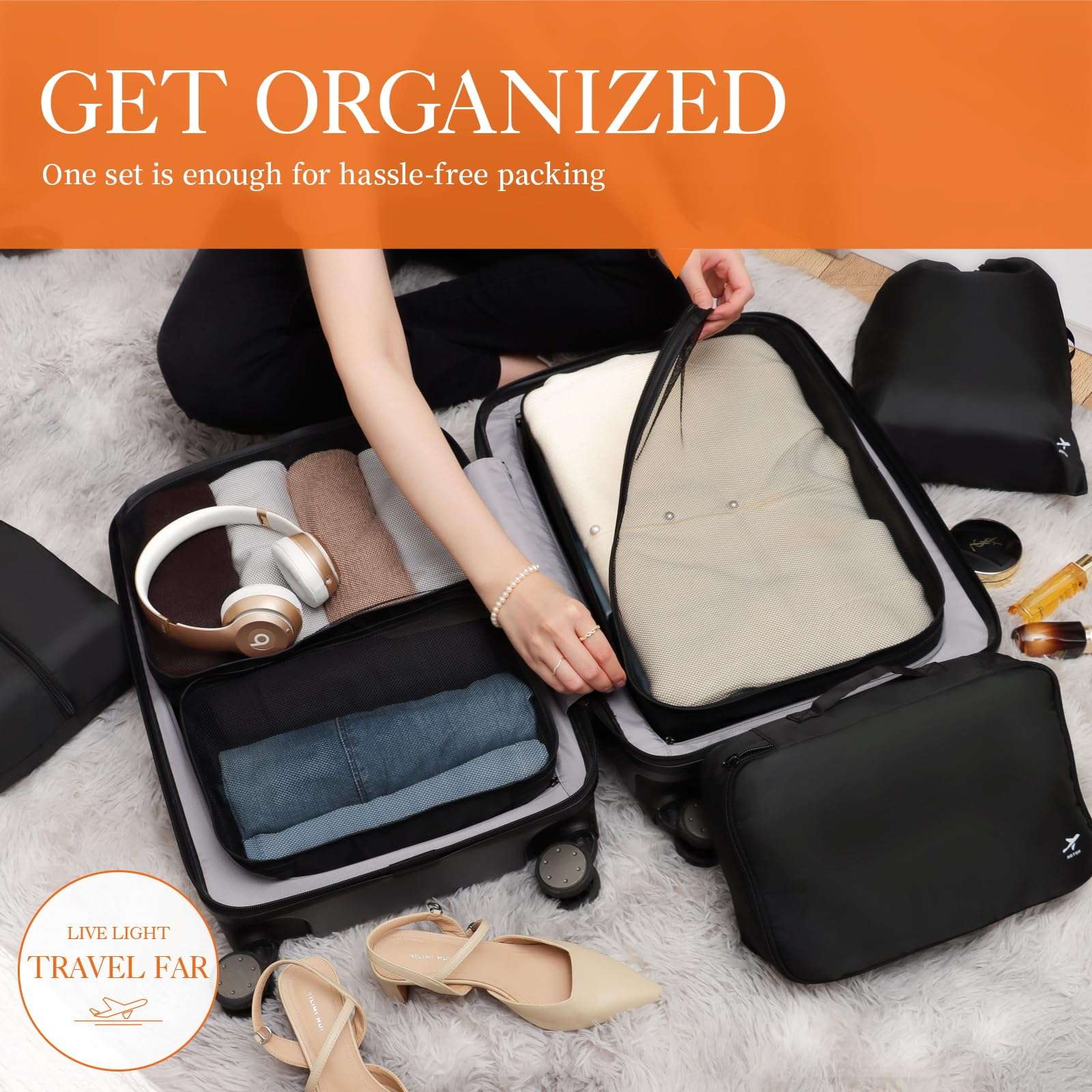 HOTOR Packing Cubes for Suitcases - 6 Pieces, Light Packing Cubes for Travel, Premium Suitcase Organizer Bags Set, Space-Saving Luggage Organizers, Travel Accessories and Essentials, Black - Image 3