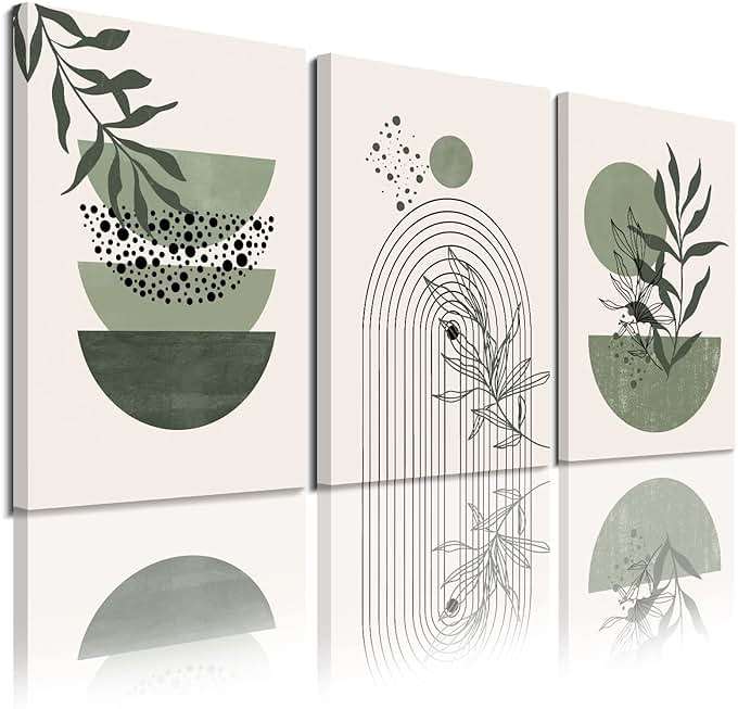 Sage Green Wall Posters & Prints, Green Boho Wall Art Set of 3, Minimalist Framed Wall Art Geometric Line Leaf Sun Moon Beige Green Canvas Artwork Paintings - Image 1