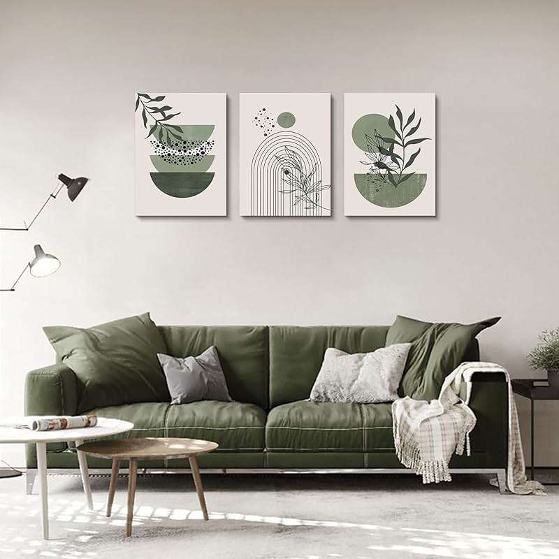 Sage Green Wall Posters & Prints, Green Boho Wall Art Set of 3, Minimalist Framed Wall Art Geometric Line Leaf Sun Moon Beige Green Canvas Artwork Paintings - Image 2