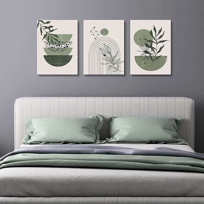 Sage Green Wall Posters & Prints, Green Boho Wall Art Set of 3, Minimalist Framed Wall Art Geometric Line Leaf Sun Moon Beige Green Canvas Artwork Paintings - Image 3