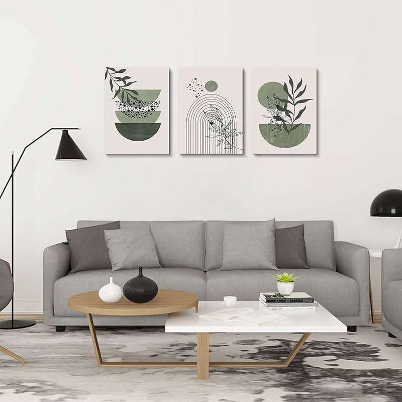 Sage Green Wall Posters & Prints, Green Boho Wall Art Set of 3, Minimalist Framed Wall Art Geometric Line Leaf Sun Moon Beige Green Canvas Artwork Paintings - Image 4