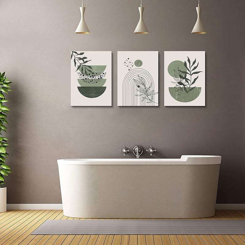 Sage Green Wall Posters & Prints, Green Boho Wall Art Set of 3, Minimalist Framed Wall Art Geometric Line Leaf Sun Moon Beige Green Canvas Artwork Paintings - Image 5