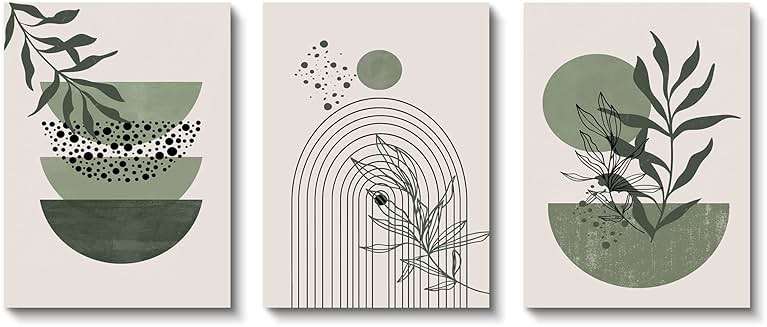 Sage Green Wall Posters & Prints, Green Boho Wall Art Set of 3, Minimalist Framed Wall Art Geometric Line Leaf Sun Moon Beige Green Canvas Artwork Paintings - Image 7