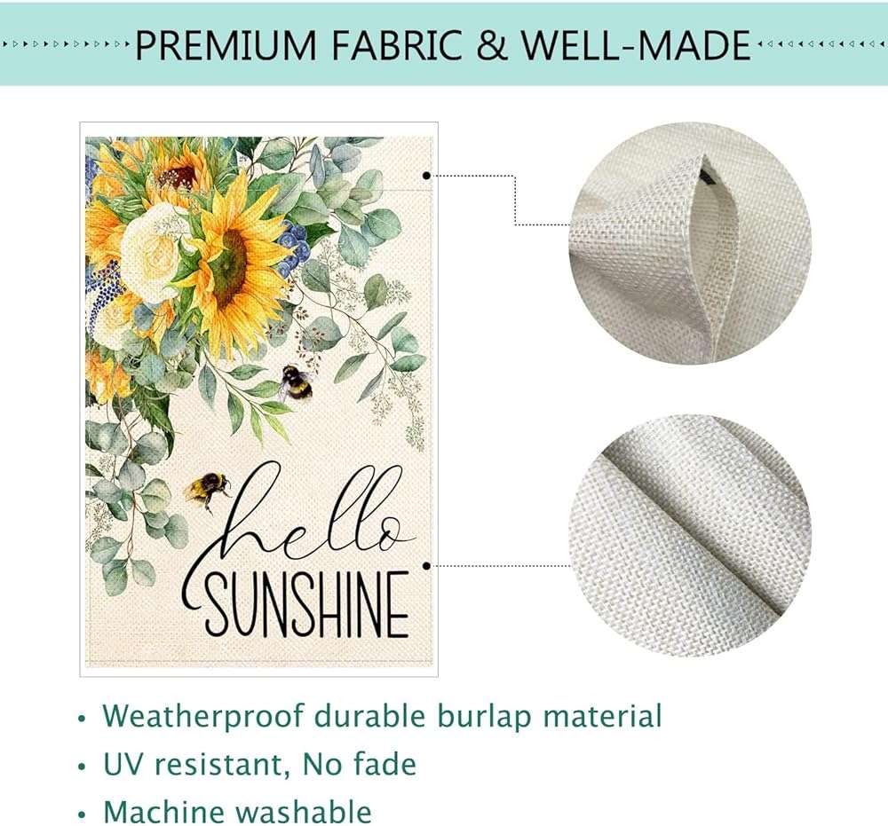 Baccessor Sunflower Garden Flag Hello Sunshine Summer Bee Eucalyptus Leaves Yard Flag 12.5 X 18 Inch Double Sided Burlap Small Flag for Outside Decor - Image 6
