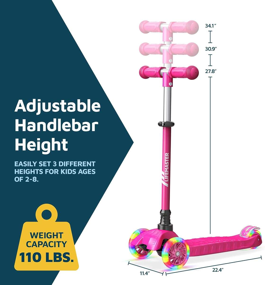 Lifemaster Mini 3-Wheel Kids Scooter with Multi-Color Wheel Lights – 4-Height Adjustable Handlebar, Wide Anti-Slip Deck, Child Safety Certified, Boys & Girls Ages 2+ Supports Up to 110 lbs - Image 7