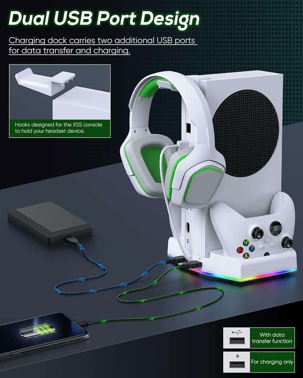 Cooling Stand & Charging Station for Xbox Series S with RGB Light Strip,Dual Controller Charger & Cooler Fan for XSS Console Accessories with 2*1400mAH Rechargeable Battery Pack,1*Headphone Hook,White - Image 7