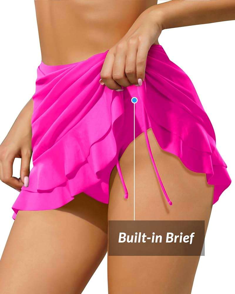 Pinup Fashion High Waisted Swim Skirt - Women Drawstring Ruched Bathing Suit Bottoms with Built-in Brief - Image 2