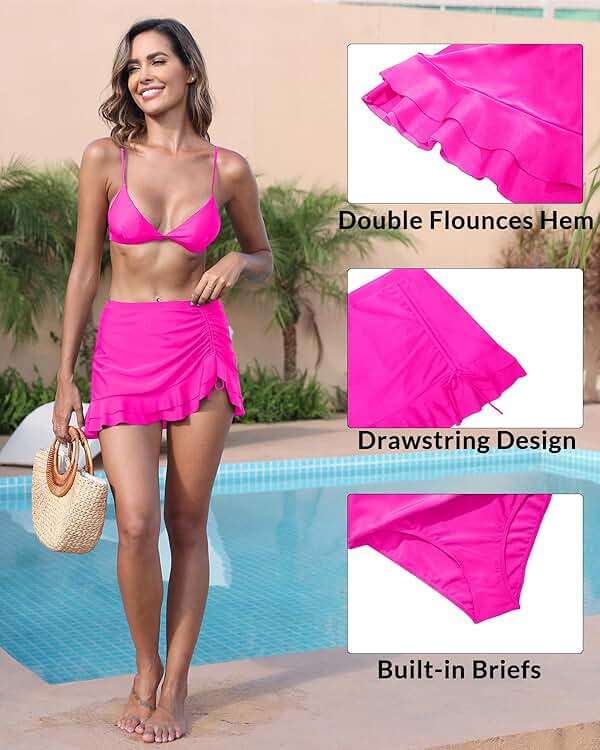 Pinup Fashion High Waisted Swim Skirt - Women Drawstring Ruched Bathing Suit Bottoms with Built-in Brief - Image 4