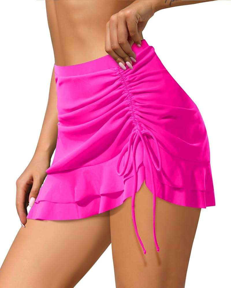 Pinup Fashion High Waisted Swim Skirt - Women Drawstring Ruched Bathing Suit Bottoms with Built-in Brief - Image 5