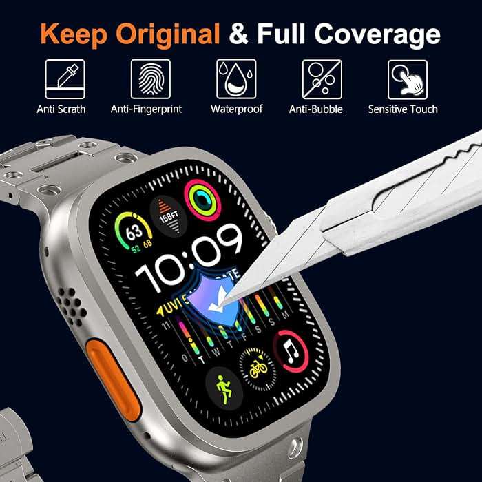 WINGLE 2 Pack for Apple Watch Ultra 3/Ultra 2/Ultra Screen Protector 49mm,9H Tempered Glass + Titanium Alloy Frame [Keep Original] Waterproof Protective HD Glass Film for iWatch Ultra 3/2/1, Titanium - Image 2