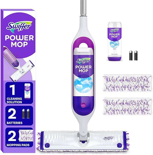Swiffer PowerMop Mopping Kit for Floor Cleaning, Set Includes 1 Power Mop, 2 Replacement Pads, 1 Liquid Solution Refill, 2 Batteries, No Bucket Needed Electric Spray Cleaner, Multi-Surface and Wood - Image 1