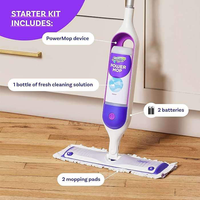 Swiffer PowerMop Mopping Kit for Floor Cleaning, Set Includes 1 Power Mop, 2 Replacement Pads, 1 Liquid Solution Refill, 2 Batteries, No Bucket Needed Electric Spray Cleaner, Multi-Surface and Wood - Image 4