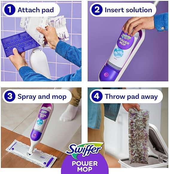 Swiffer PowerMop Mopping Kit for Floor Cleaning, Set Includes 1 Power Mop, 2 Replacement Pads, 1 Liquid Solution Refill, 2 Batteries, No Bucket Needed Electric Spray Cleaner, Multi-Surface and Wood - Image 8