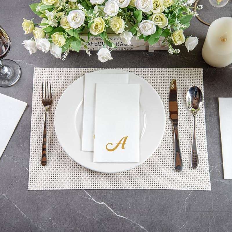 Restaurantware Linen-Feel Napkins 50 Count 15.75 x 7.87 Inches Paper Disposable Dinner Napkins Elegant Airlaid Design Gold - Image 3