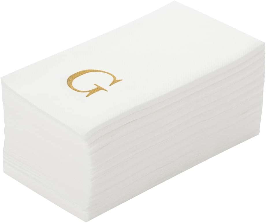Luxenap 15.8 X 7.9 Inch Linen-Feel Guest Towels, 50 Lettered Hand Towels - Gold Letter 'G', Sans Serif Font, White Paper Dinner Napkins, airlaid, For Restrooms And Tables - Restaurantware - Image 1